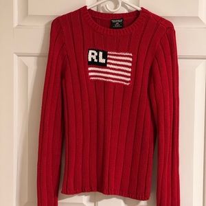 Polo Ralph Lauren Flag Knit Sweater Red with American flag 100% Cotton. Size XL